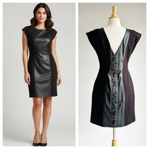 Boston Proper | Black Genuine Leather Panel Lace-Up Sheath Dress | Size 8